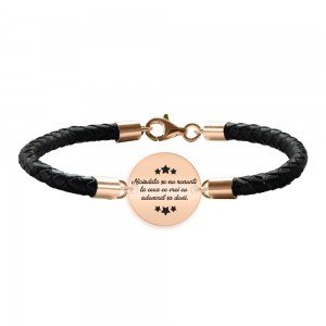 Bratara argint banut 16 mm si piele impletita - personalizata cu text - placat cu aur roz